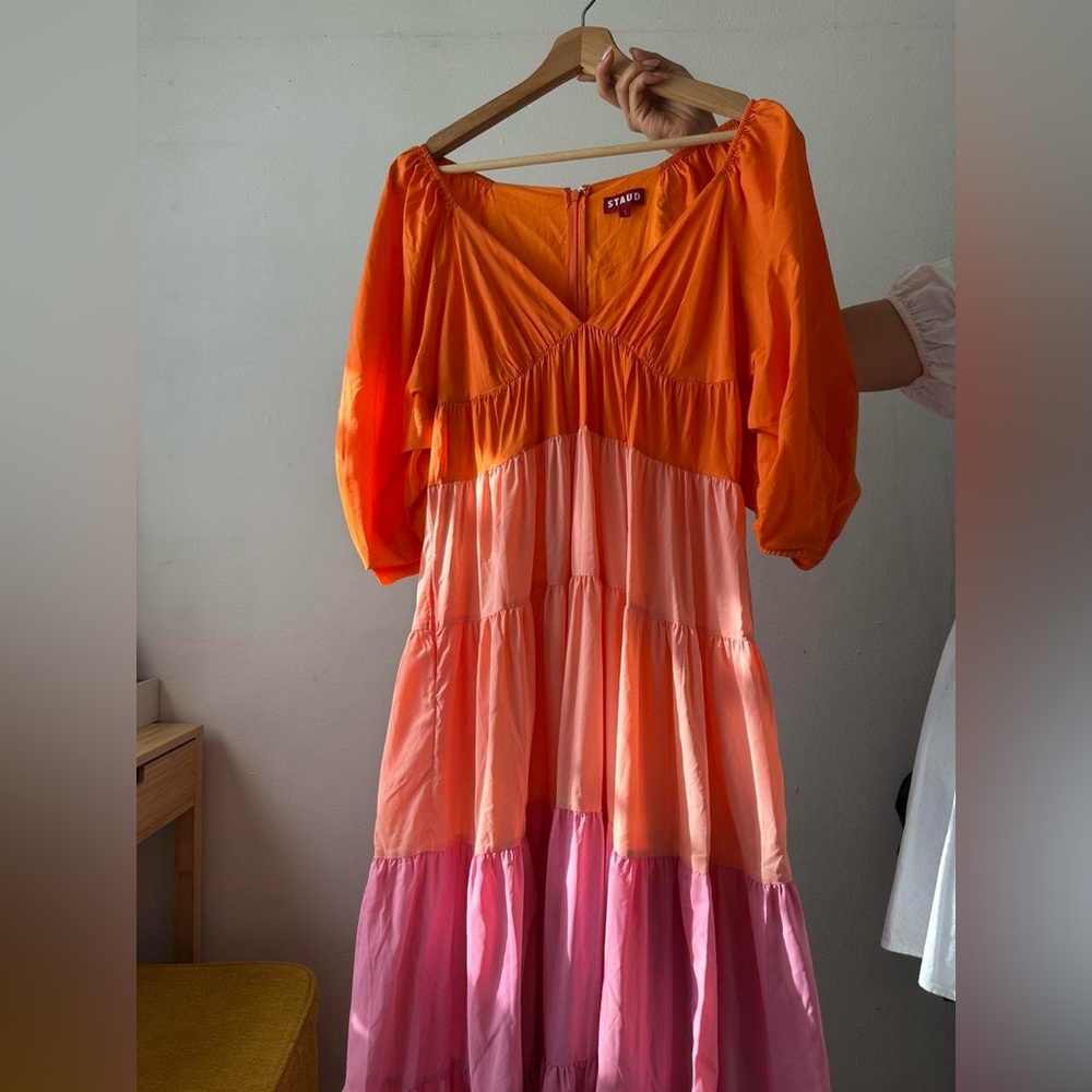 STAUD Orange Pink Tiered Maxi Dress